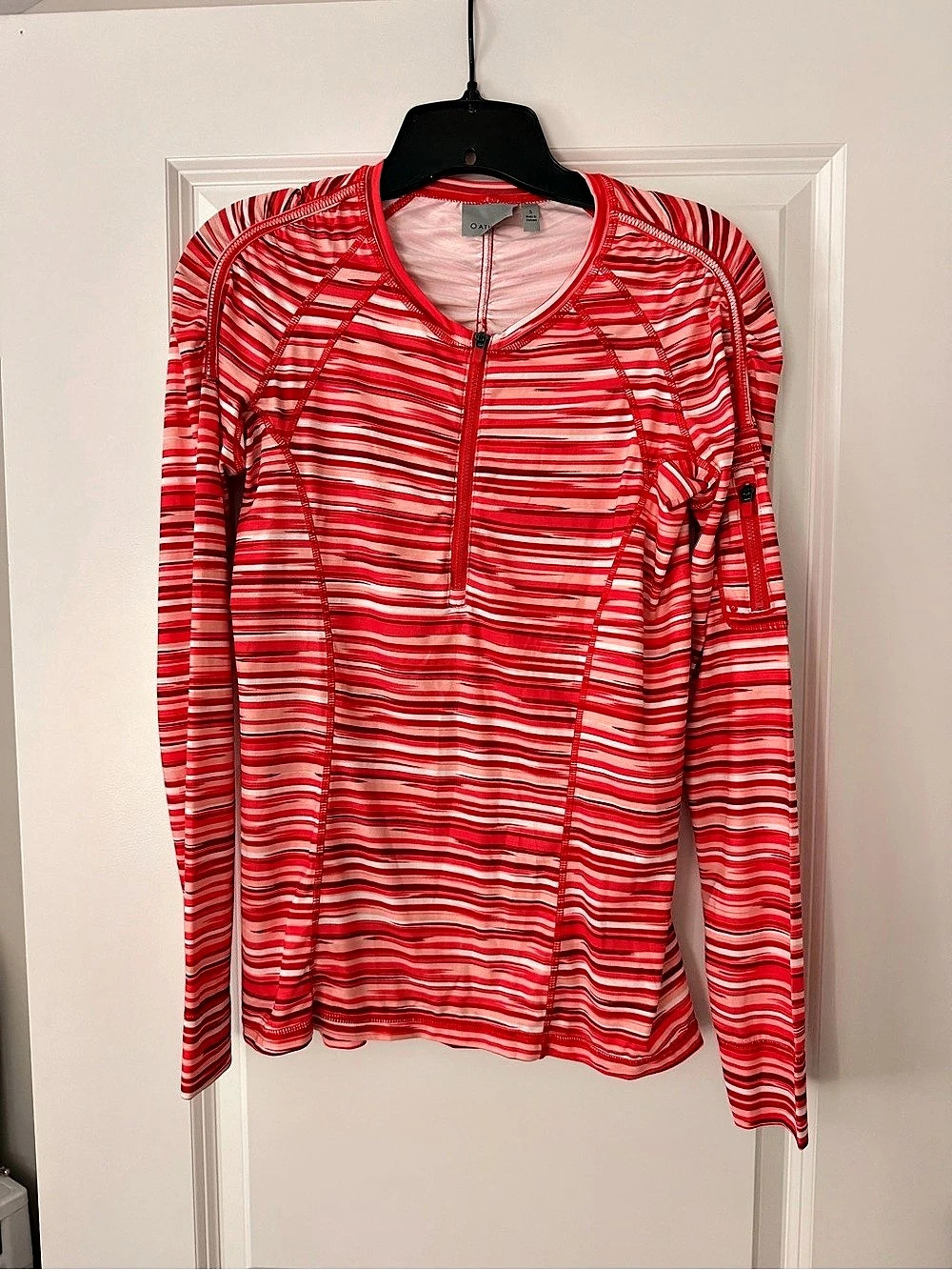 Athleta Striped Quarter Zip Performance Top Red Pink Size S NWOT
